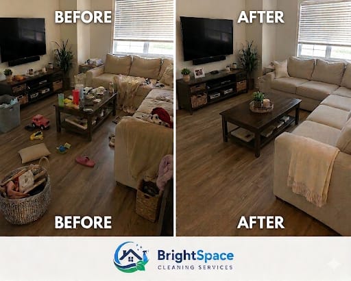 Living Room Organization — before and after by BrightSpace Cleaning Services